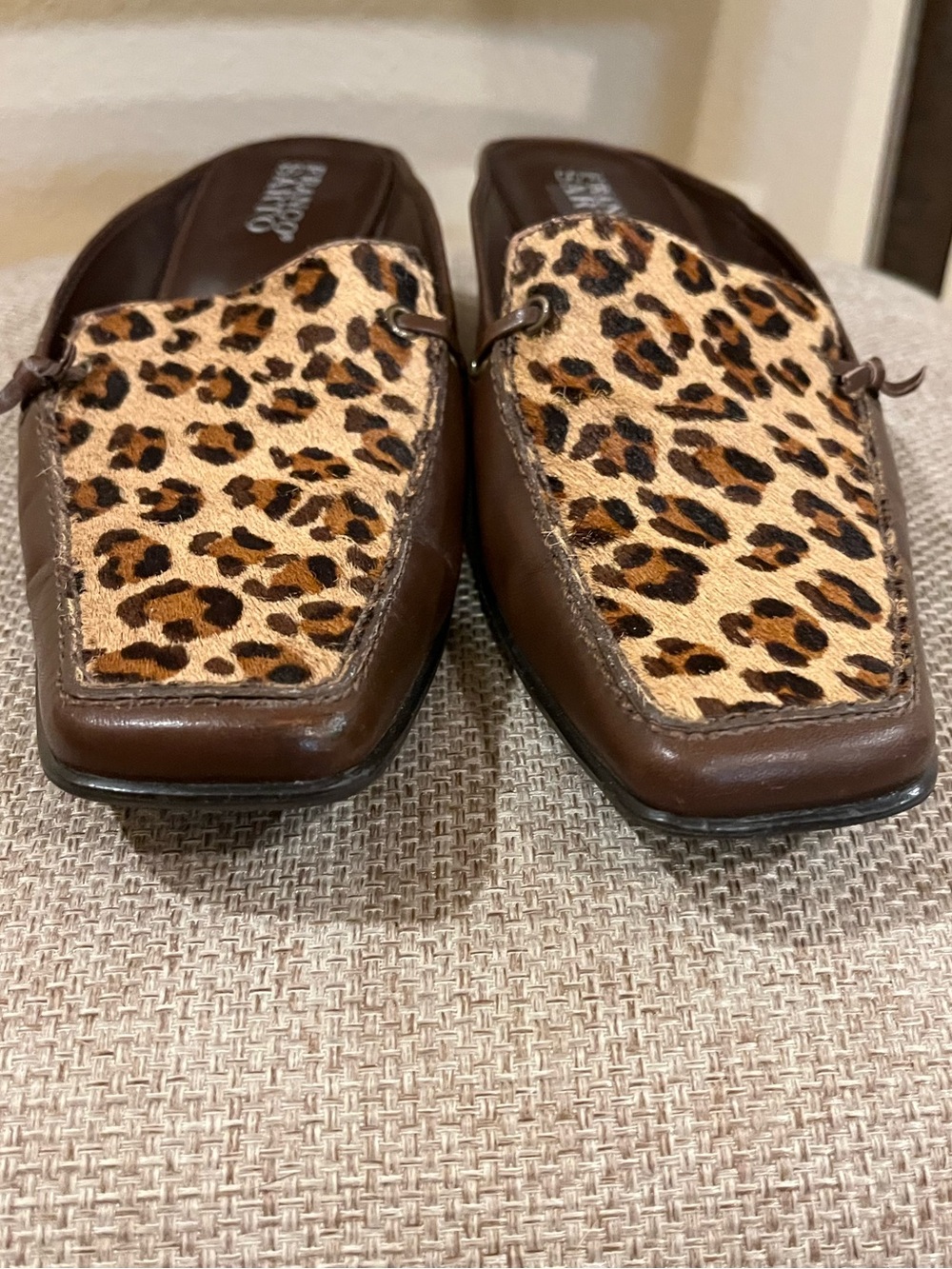 Franco Sarto kitten heel mules. Leather & leopard print calf hair. Brown. 8 - Picture 6 of 12